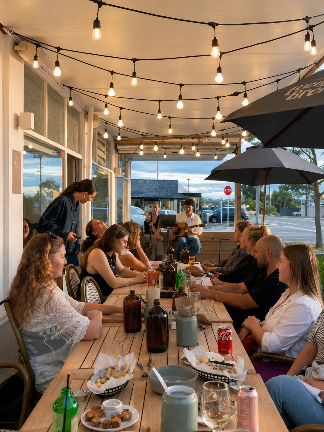 Guests enjoying the outdoor tables at Benny and Brew