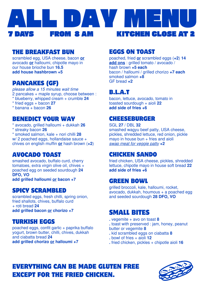 Benny and Brew all-day menu