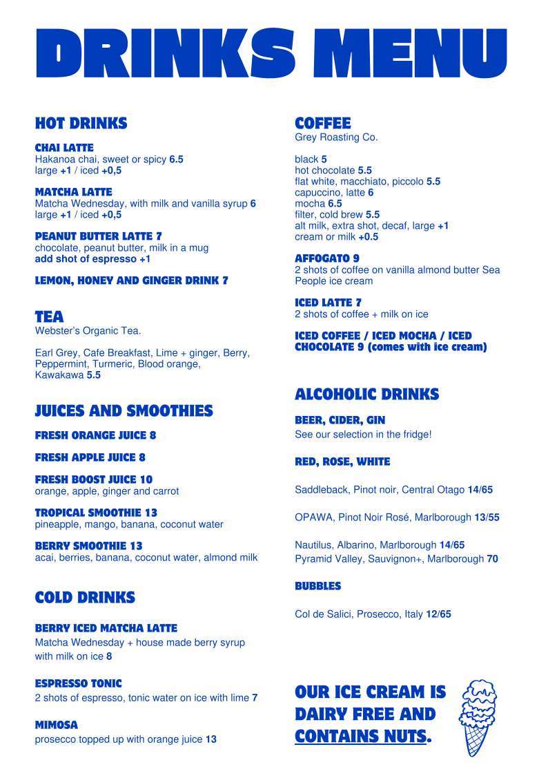 Benny and Brew drinks menu