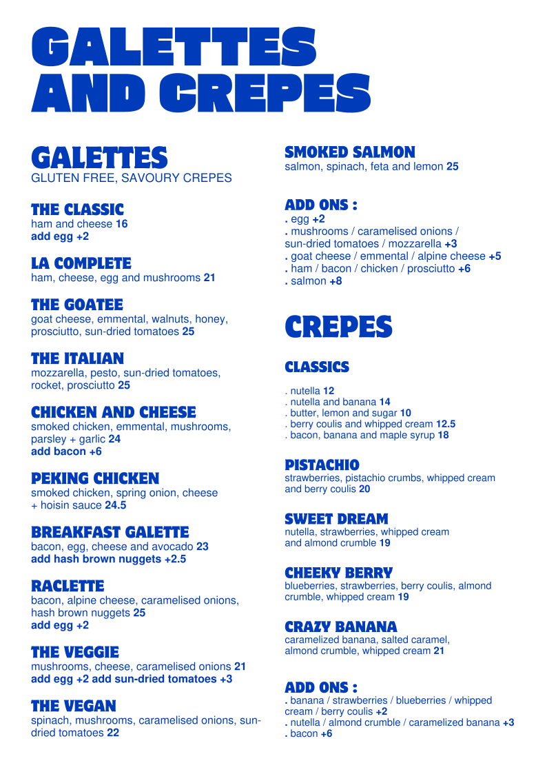 Benny and Brew galettes and crepes menu